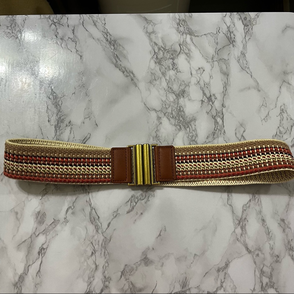 Loft stretch woven coral brown and cream belt with brass buckle
